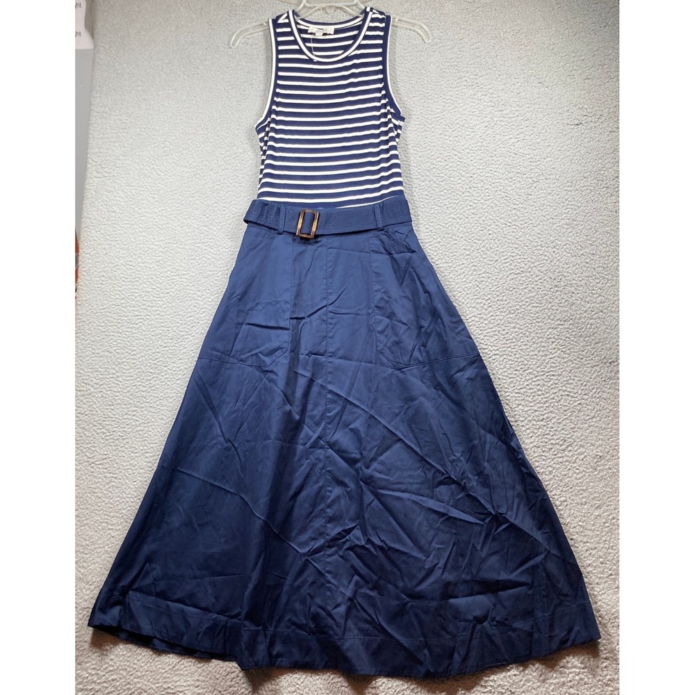 Z by ZOE Maxi Dress Womens Medium Blue Striped Belted Sleeveless SP1265TJ